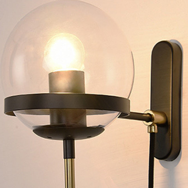 Traditional Vintage Round Ball Oval Base Iron Glass 1-Light Wall Sconce Lamp For Bedroom