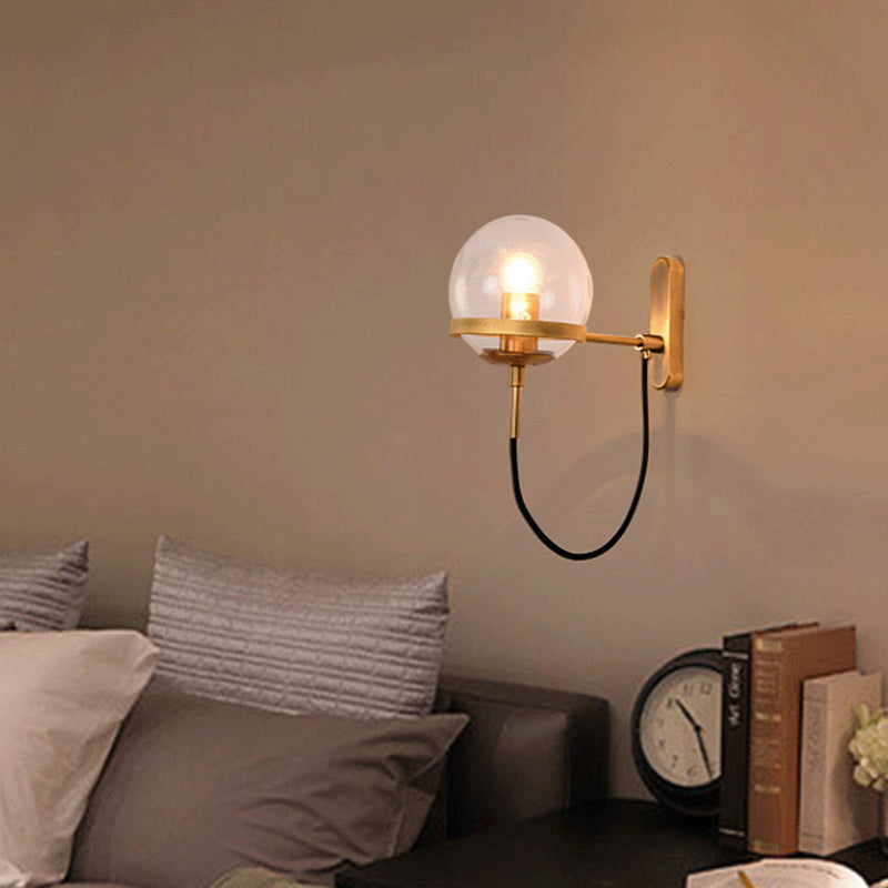 Traditional Vintage Round Ball Oval Base Iron Glass 1-Light Wall Sconce Lamp For Bedroom