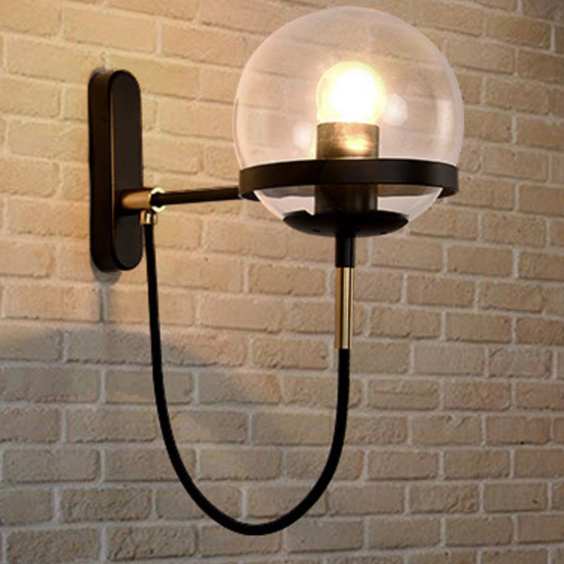 Traditional Vintage Round Ball Oval Base Iron Glass 1-Light Wall Sconce Lamp For Bedroom
