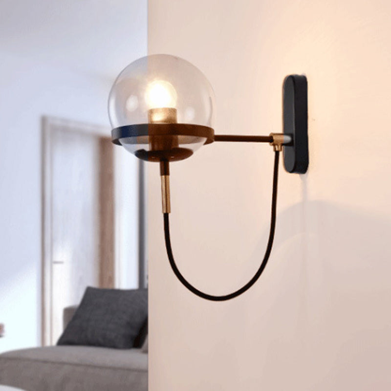 Traditional Vintage Round Ball Oval Base Iron Glass 1-Light Wall Sconce Lamp For Bedroom