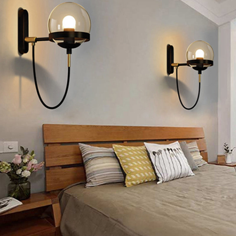 Traditional Vintage Round Ball Oval Base Iron Glass 1-Light Wall Sconce Lamp For Bedroom