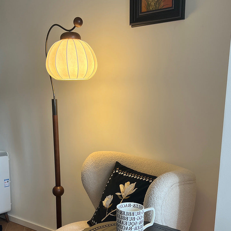 Traditional Vintage Pumpkin Cylinder Bent Sphere Disc Base Wood Aluminum Fabric 1-Light Standing Floor Lamp For Living Room