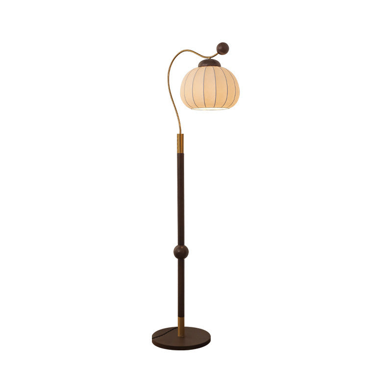 Traditional Vintage Pumpkin Cylinder Bent Sphere Disc Base Wood Aluminum Fabric 1-Light Standing Floor Lamp For Living Room