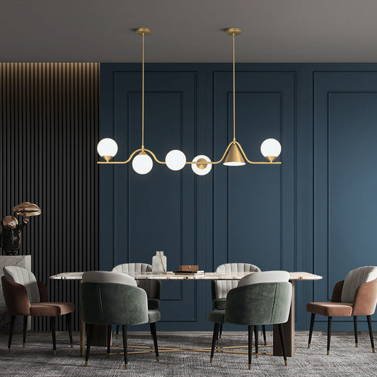 現代的なスカンジナビアの球状フレアロングベント真鍮ガラス6ライトシャンデリアアイランドライトダイニングルーム用