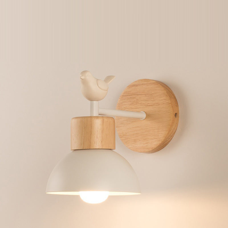 Modern Minimalist Half Round Cylinder Bird Disc Base Iron Solid Wood Resin 1-Light Wall Sconce Lamp For Bedroom
