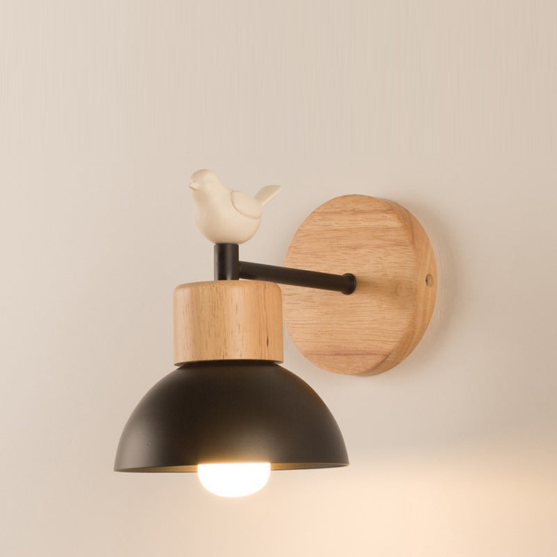 Modern Minimalist Half Round Cylinder Bird Disc Base Iron Solid Wood Resin 1-Light Wall Sconce Lamp For Bedroom