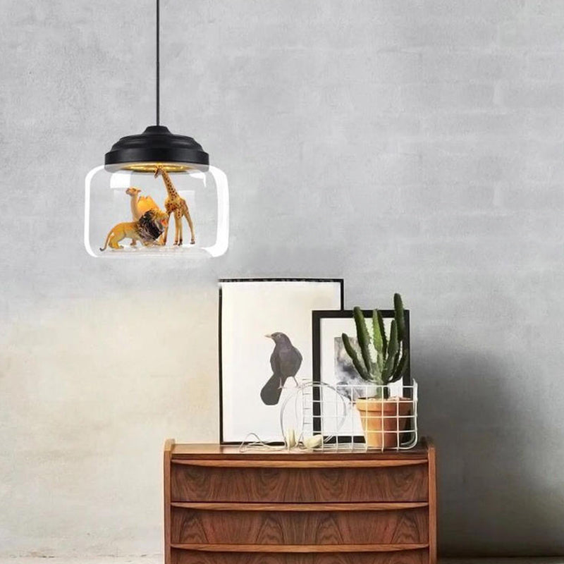 Contemporary Creative Cartoon Animals Kids Cylinder Iron Glass LED Pendant Light For Living Room