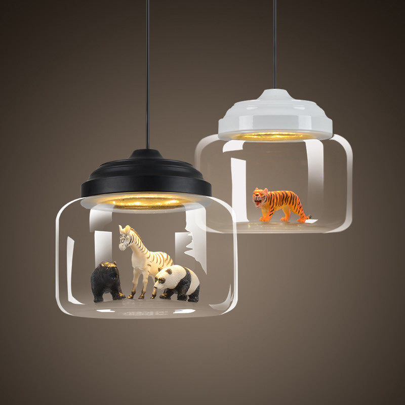 Contemporary Creative Cartoon Animals Kids Cylinder Iron Glass LED Pendant Light For Living Room
