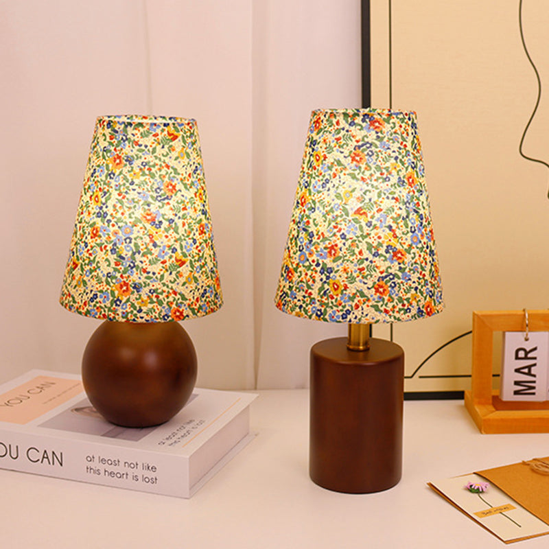Traditional Vintage Round Table Sphere Cylinder Base Floral Trim Solid Wood Fabric LED Table Lamp For Bedroom