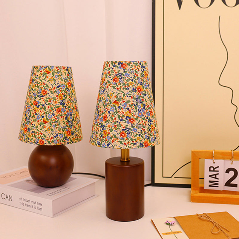 Traditional Vintage Round Table Sphere Cylinder Base Floral Trim Solid Wood Fabric LED Table Lamp For Bedroom