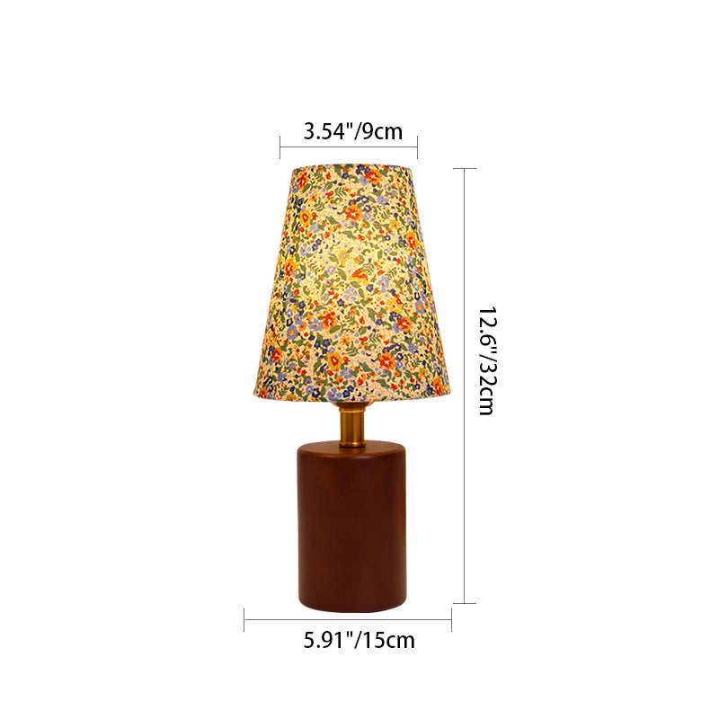 Traditional Vintage Round Table Sphere Cylinder Base Floral Trim Solid Wood Fabric LED Table Lamp For Bedroom