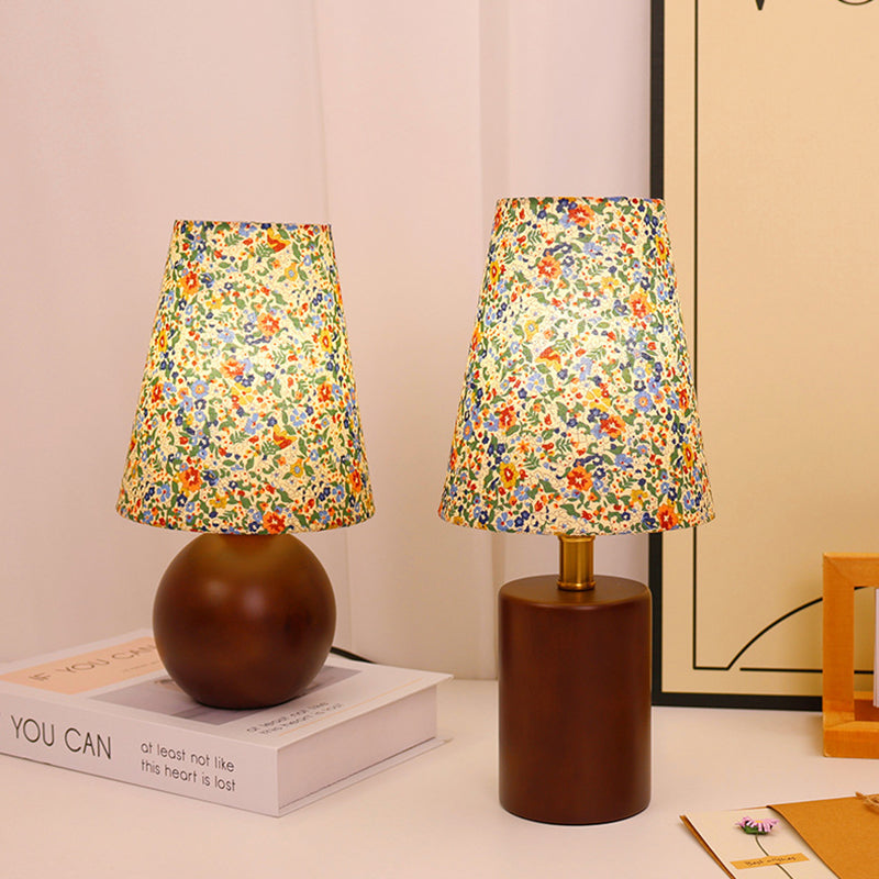 Traditional Vintage Round Table Sphere Cylinder Base Floral Trim Solid Wood Fabric LED Table Lamp For Bedroom