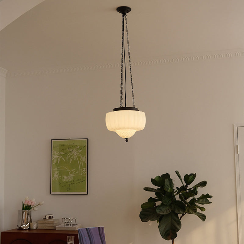 Traditional Vintage Diamond Pumpkin Striped Disc Base Iron Glass 4-Light Pendant Light For Living Room