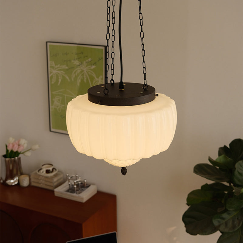 Traditional Vintage Diamond Pumpkin Striped Disc Base Iron Glass 4-Light Pendant Light For Living Room