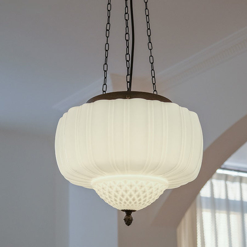 Traditional Vintage Diamond Pumpkin Striped Disc Base Iron Glass 4-Light Pendant Light For Living Room