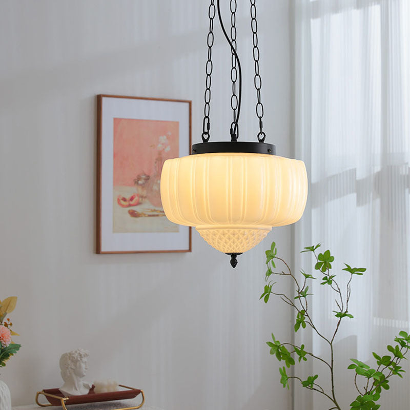 Traditional Vintage Diamond Pumpkin Striped Disc Base Iron Glass 4-Light Pendant Light For Living Room