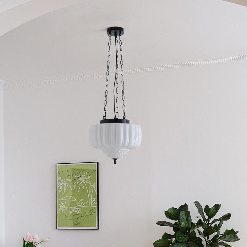 Traditional Vintage Diamond Pumpkin Striped Disc Base Iron Glass 4-Light Pendant Light For Living Room