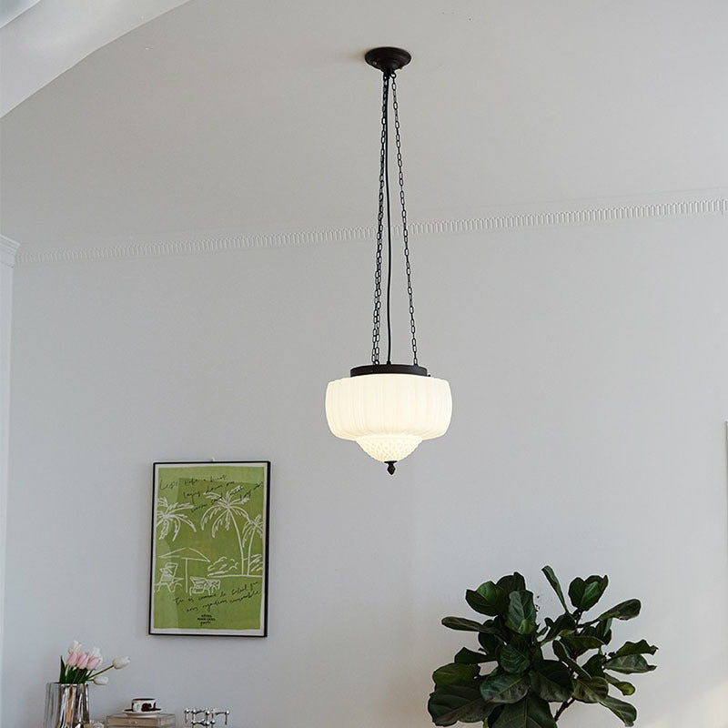 Traditional Vintage Diamond Pumpkin Striped Disc Base Iron Glass 4-Light Pendant Light For Living Room
