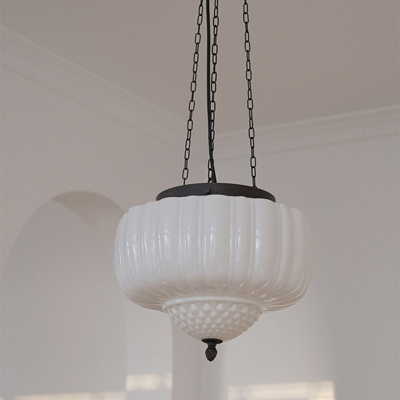 Traditional Vintage Diamond Pumpkin Striped Disc Base Iron Glass 4-Light Pendant Light For Living Room