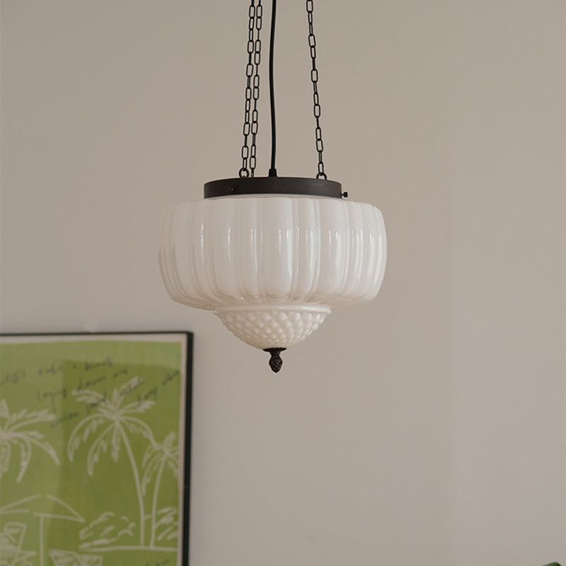 Traditional Vintage Diamond Pumpkin Striped Disc Base Iron Glass 4-Light Pendant Light For Living Room