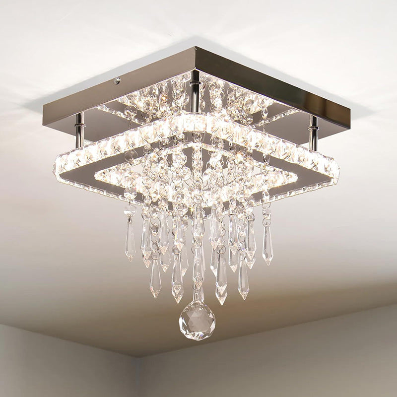 Modern Luxury Square Orb Pendant Crystal Stainless Steel LED Flush Mount Ceiling Light For Living Room