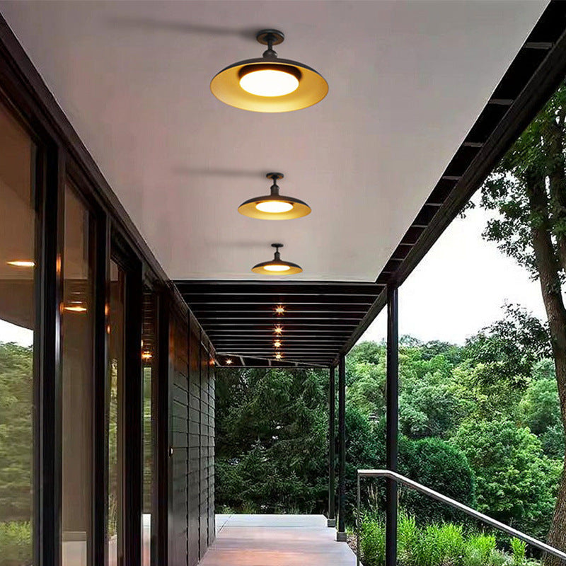 Traditional Vintage Waterproof Flared Cylinder Disc Base Iron 1-Light Semi-Flush Mount Ceiling Light For Outdoor Patio