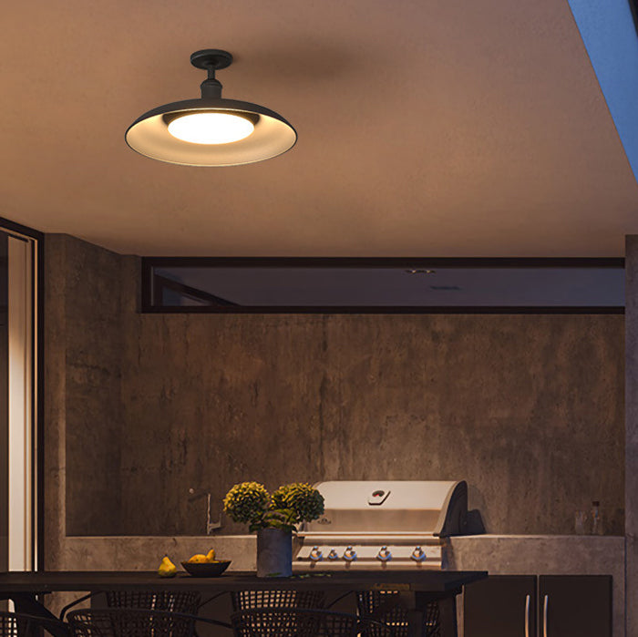 Traditional Vintage Waterproof Flared Cylinder Disc Base Iron 1-Light Semi-Flush Mount Ceiling Light For Outdoor Patio