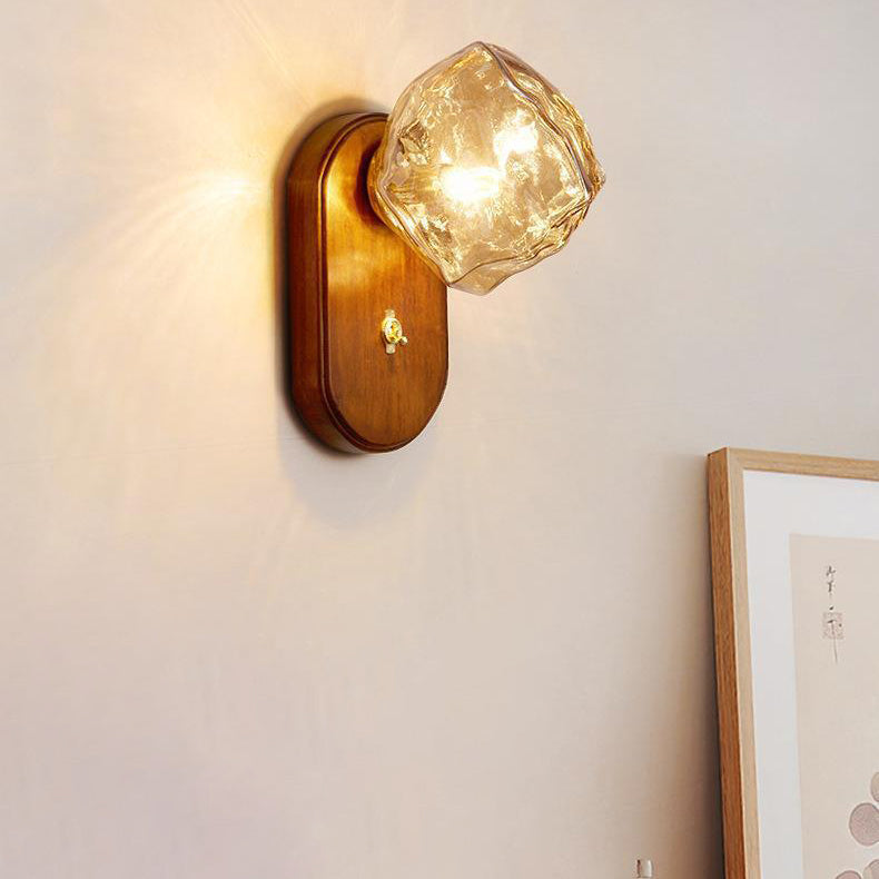 Traditional Vintage Ice Block Oval Base Wooden Glass 1-Light Wall Sconce Lamp For Bedroom