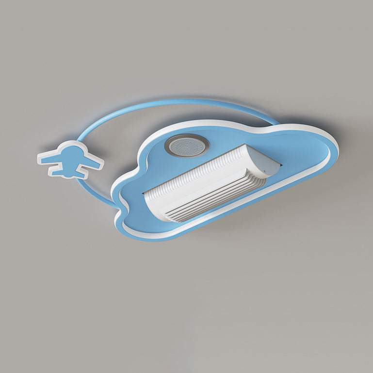 Contemporary Creative Cartoon Kids Airplane Clouds Aluminum Iron Acrylic LED Flush Mount Ceiling Fan Light For Bedroom