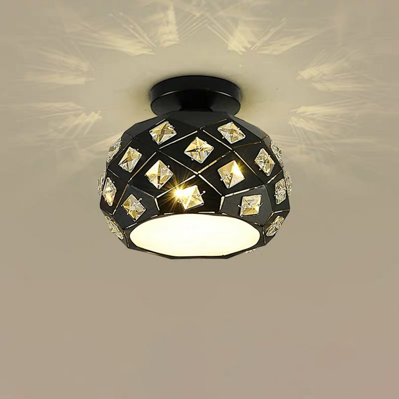 Contemporary Scandinavian Pineapple Crushed Diamonds Disc Base Metal Crystal 1-Light Semi-Flush Mount Ceiling Light For Living Room