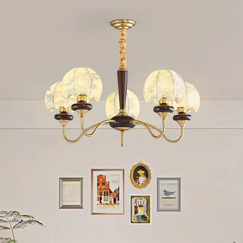 Traditional Vintage Branch Curved Half Circle Print Metal Wooden Fabric 3/5 Light Chandelier For Living Room