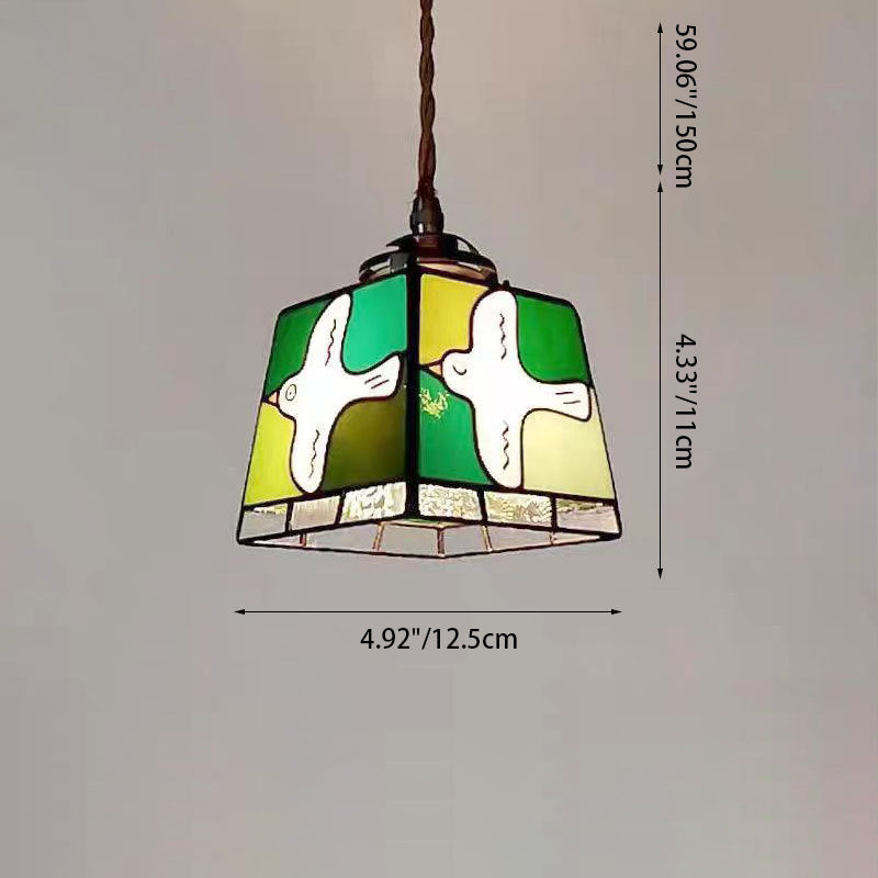 Traditional Vintage Prismatic Dove Square Copper Glass 1-Light Pendant Light For Living Room