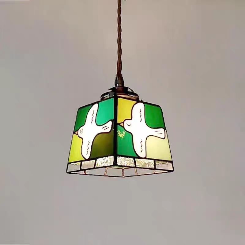 Traditional Vintage Prismatic Dove Square Copper Glass 1-Light Pendant Light For Living Room