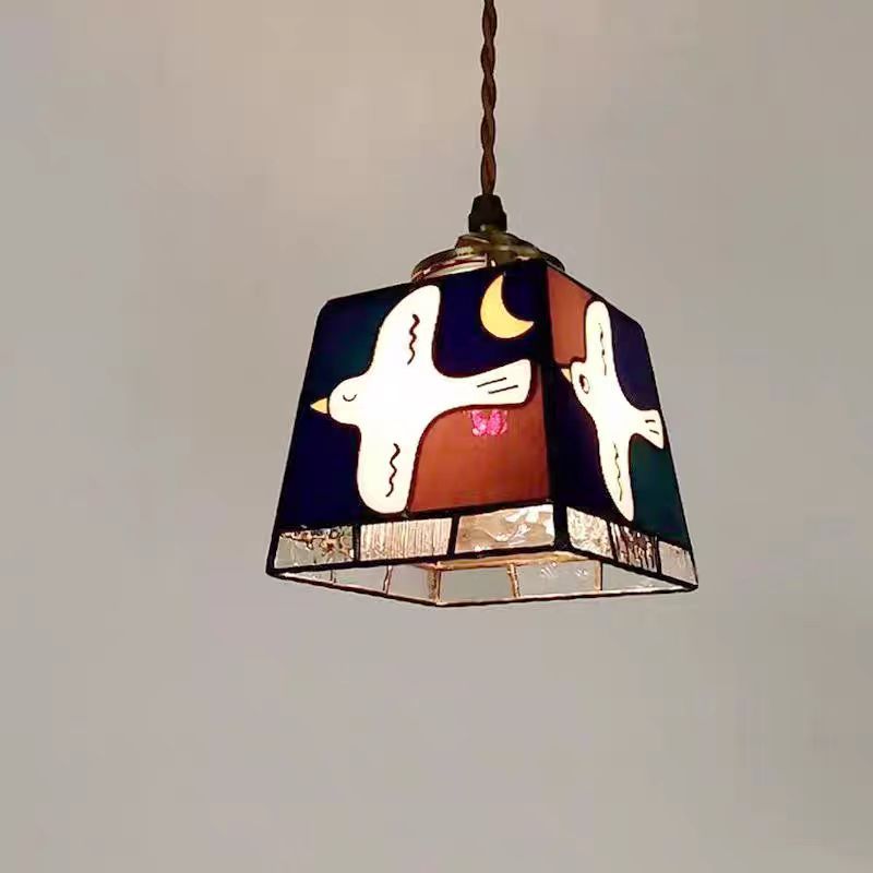 Traditional Vintage Prismatic Dove Square Copper Glass 1-Light Pendant Light For Living Room