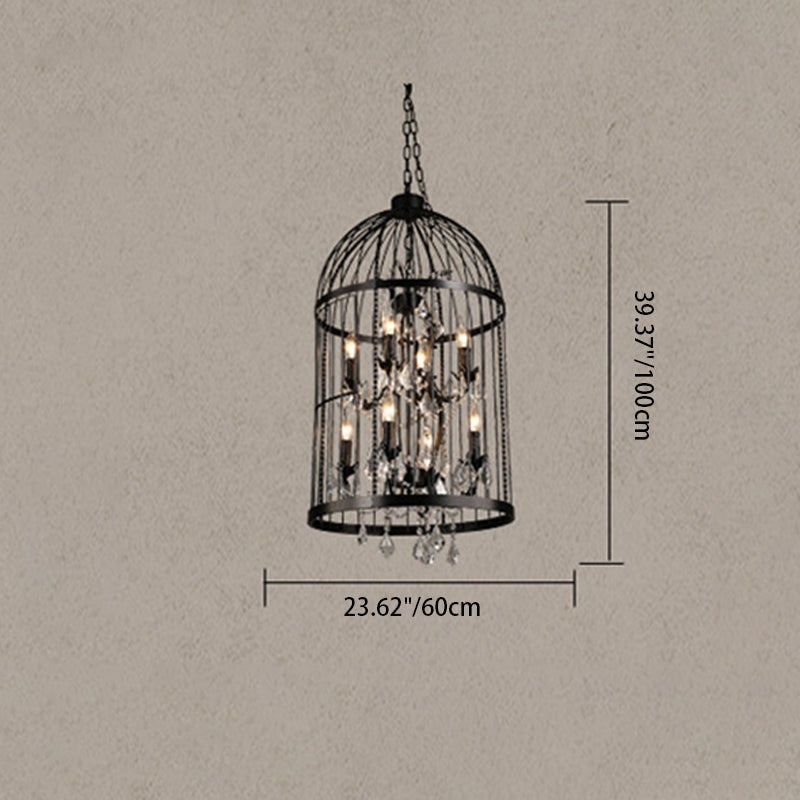 Traditional Vintage Birdcage Candle Holder Water Drops Rhombus Iron Crystal 8-Light Chandelier For Living Room