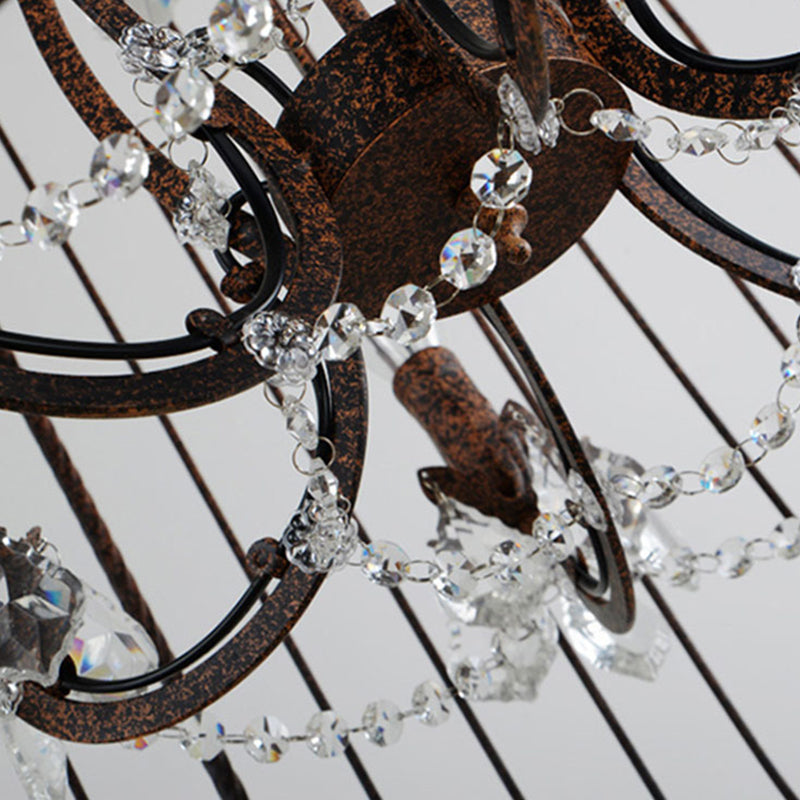 Traditional Vintage Birdcage Candle Holder Water Drops Rhombus Iron Crystal 8-Light Chandelier For Living Room