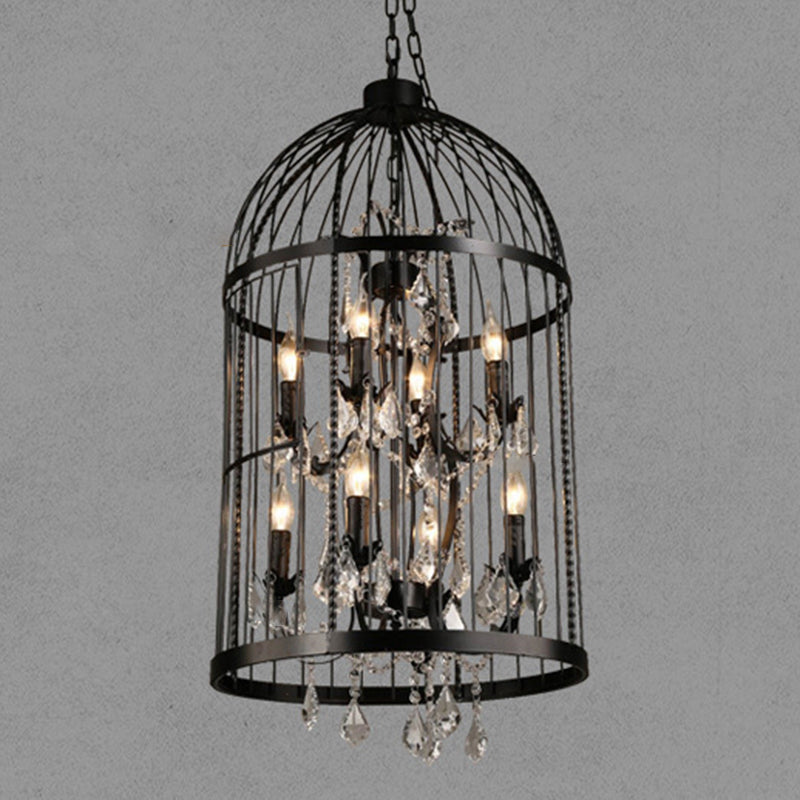 Traditional Vintage Birdcage Candle Holder Water Drops Rhombus Iron Crystal 8-Light Chandelier For Living Room
