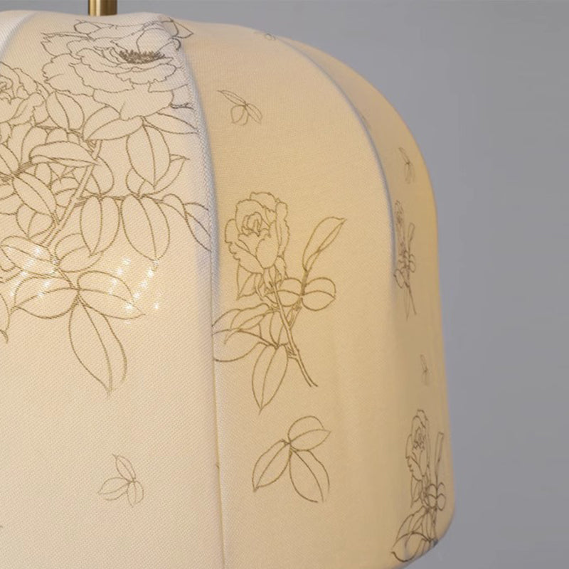 Traditional Vintage Romantic Floral Textured Striped Round Iron Wood Fabric 3/5 Light Chandelier For Living Room