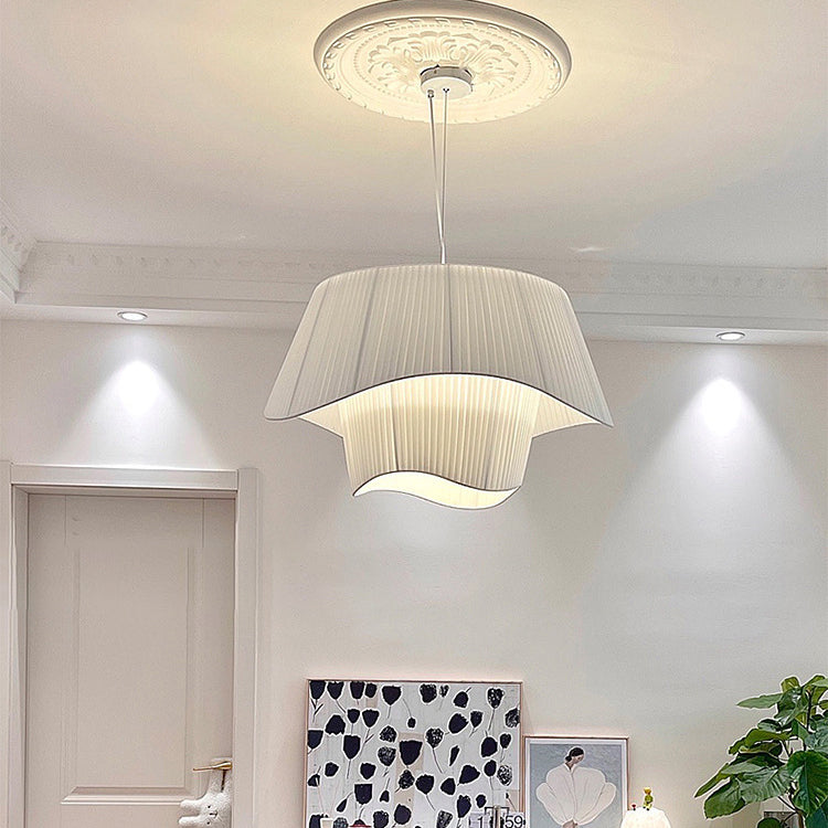 Contemporary Scandinavian Round Table Double Layer Wave Base Iron Fabric Acrylic 4-Light Pendant Light For Living Room