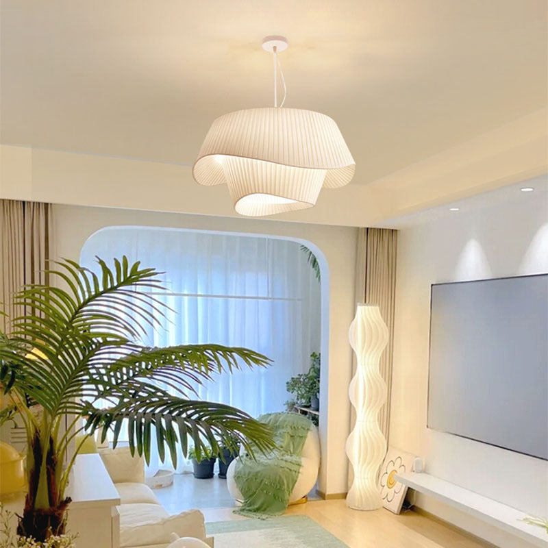 Contemporary Scandinavian Round Table Double Layer Wave Base Iron Fabric Acrylic 4-Light Pendant Light For Living Room