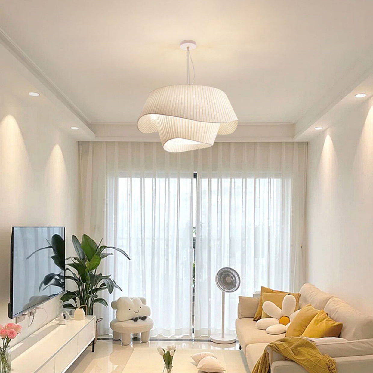 Contemporary Scandinavian Round Table Double Layer Wave Base Iron Fabric Acrylic 4-Light Pendant Light For Living Room