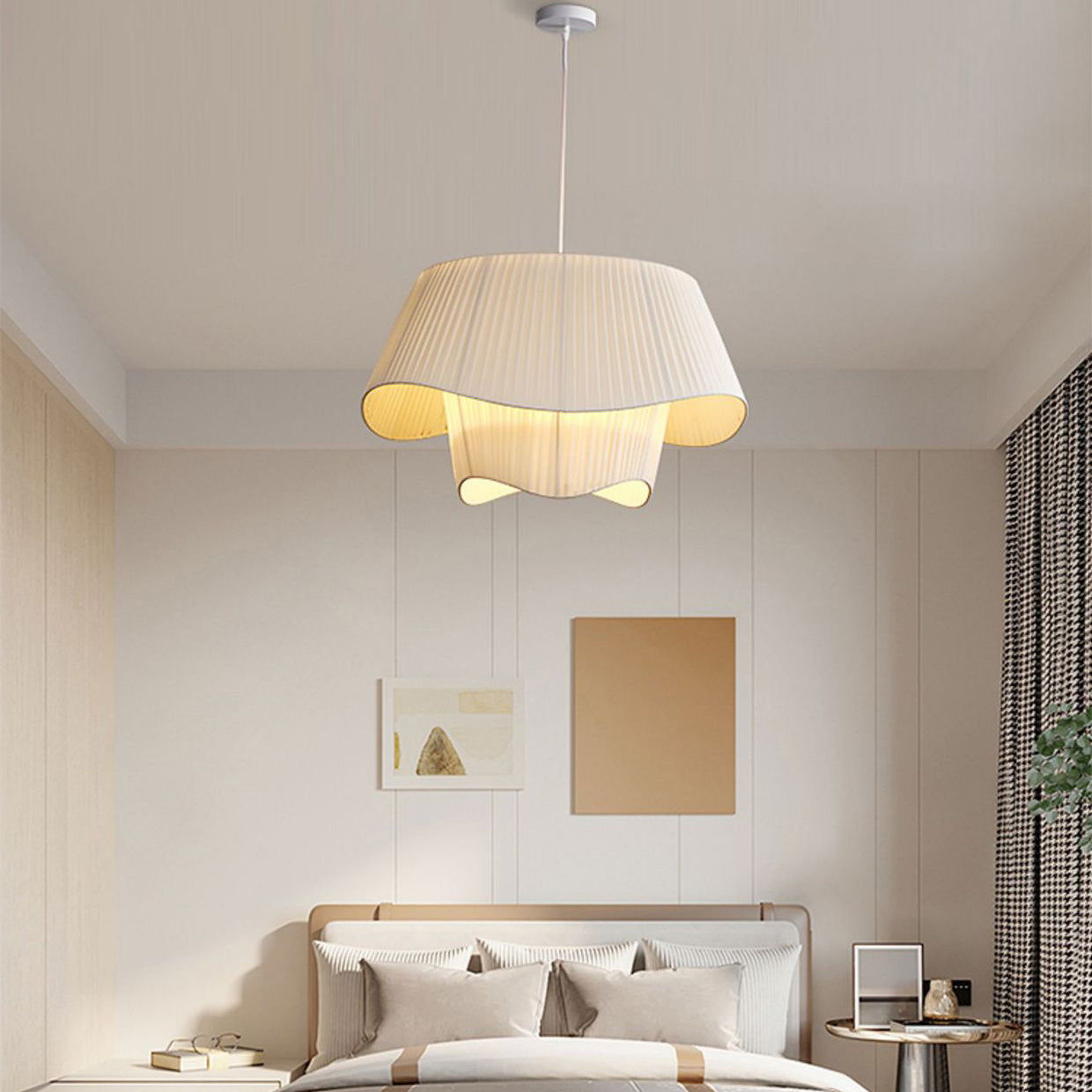 Contemporary Scandinavian Round Table Double Layer Wave Base Iron Fabric Acrylic 4-Light Pendant Light For Living Room