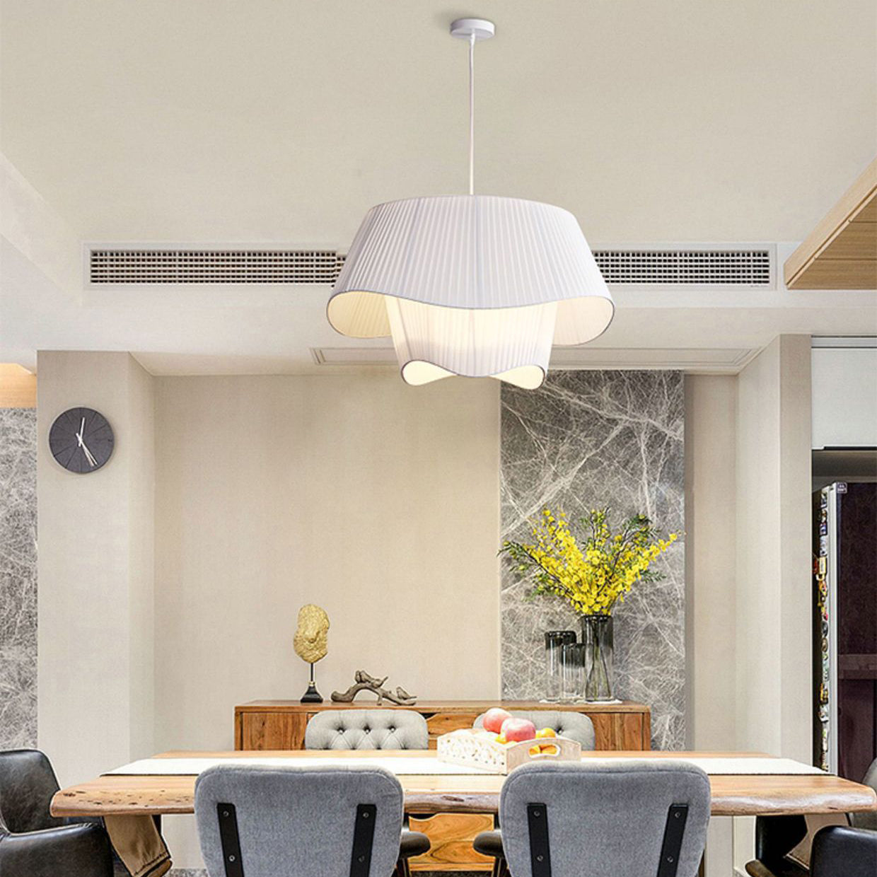 Contemporary Scandinavian Round Table Double Layer Wave Base Iron Fabric Acrylic 4-Light Pendant Light For Living Room