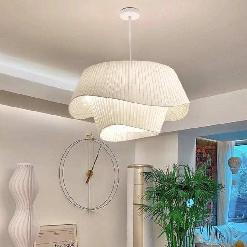 Contemporary Scandinavian Round Table Double Layer Wave Base Iron Fabric Acrylic 4-Light Pendant Light For Living Room