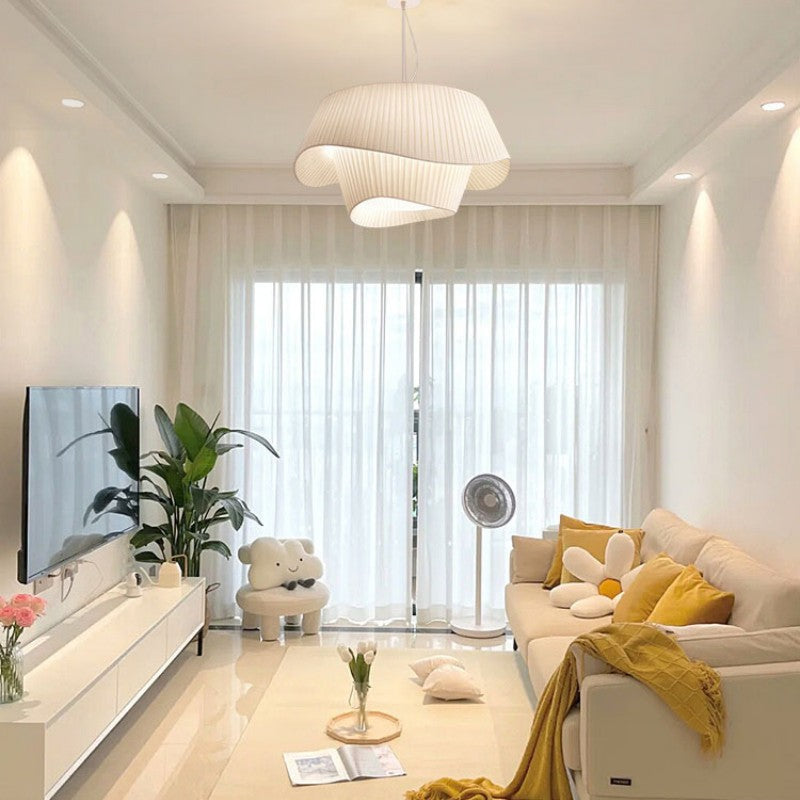 Contemporary Scandinavian Round Table Double Layer Wave Base Iron Fabric Acrylic 4-Light Pendant Light For Living Room