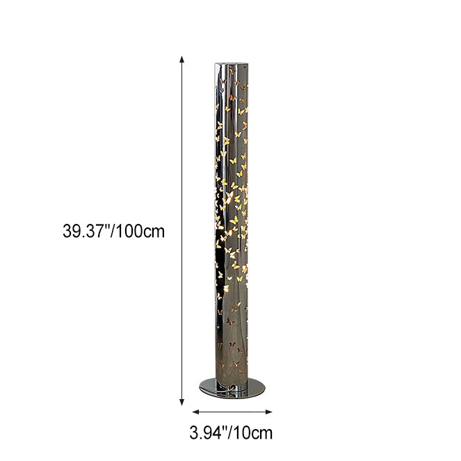 Contemporary Scandinavian Cylinder Disc Base Butterfly Textured Stainless Steel LED Standing Floor Lamp For Living Room