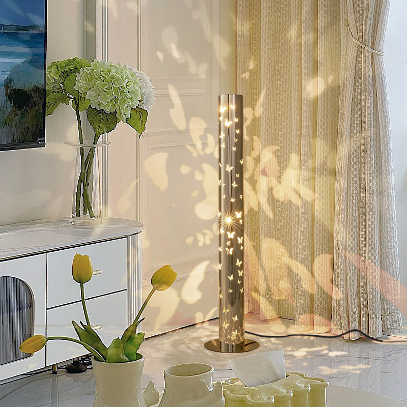 Contemporary Scandinavian Cylinder Disc Base Butterfly Textured Stainless Steel LED Standing Floor Lamp For Living Room