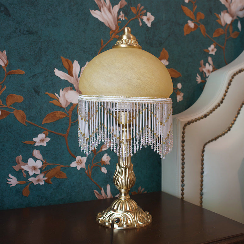 Traditional Vintage Half Round Cylinder Tassel Copper Glass 1-Light Table Lamp For Bedroom