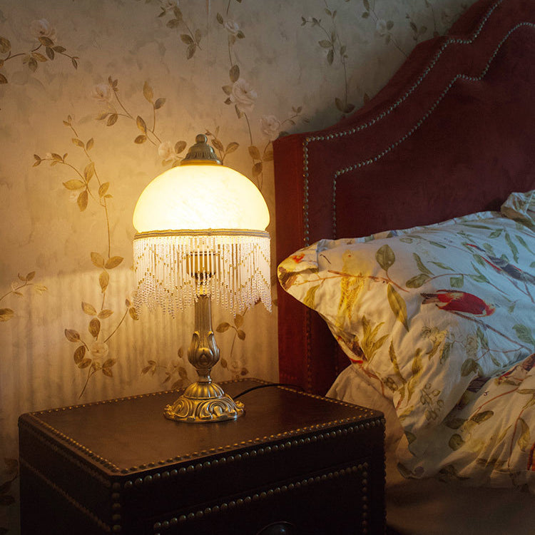Traditional Vintage Half Round Cylinder Tassel Copper Glass 1-Light Table Lamp For Bedroom