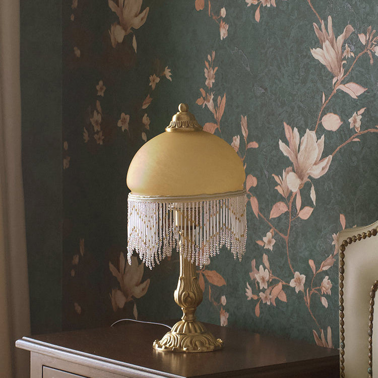 Traditional Vintage Half Round Cylinder Tassel Copper Glass 1-Light Table Lamp For Bedroom